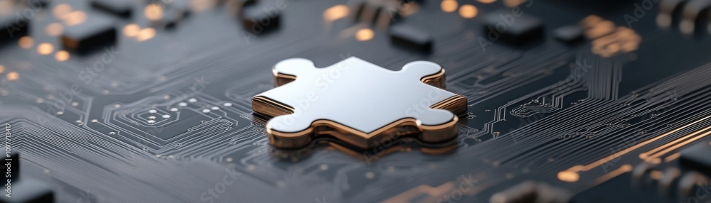 Poster a close-up of a shiny, puzzle-shaped component on a dark circuit board, showcasing intricate circuit