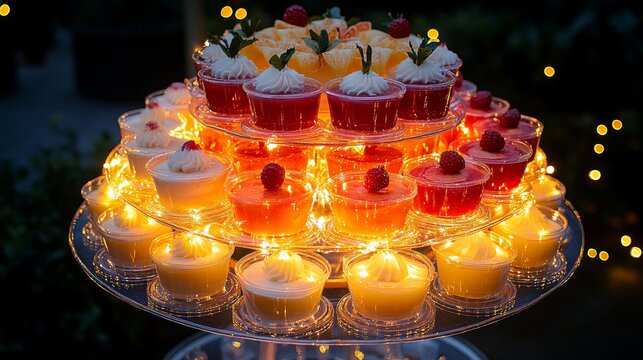 Festive dessert display featuring Christmas pudding, joyful ambiance, showcasing vibrant jelly cups with fruit, against a twinkling garden backdrop