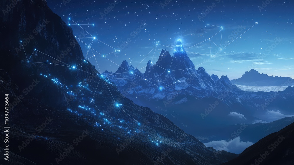 Poster serene mountain landscape with glowing data points and connecting lines overlaying peaks and valleys