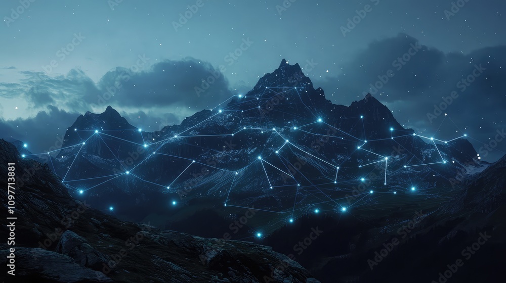 Poster serene mountain landscape with glowing data points and connecting lines overlaying peaks and valleys