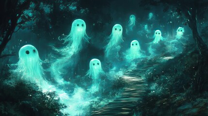 Ethereal Ghosts in a Mystical Forest at Night