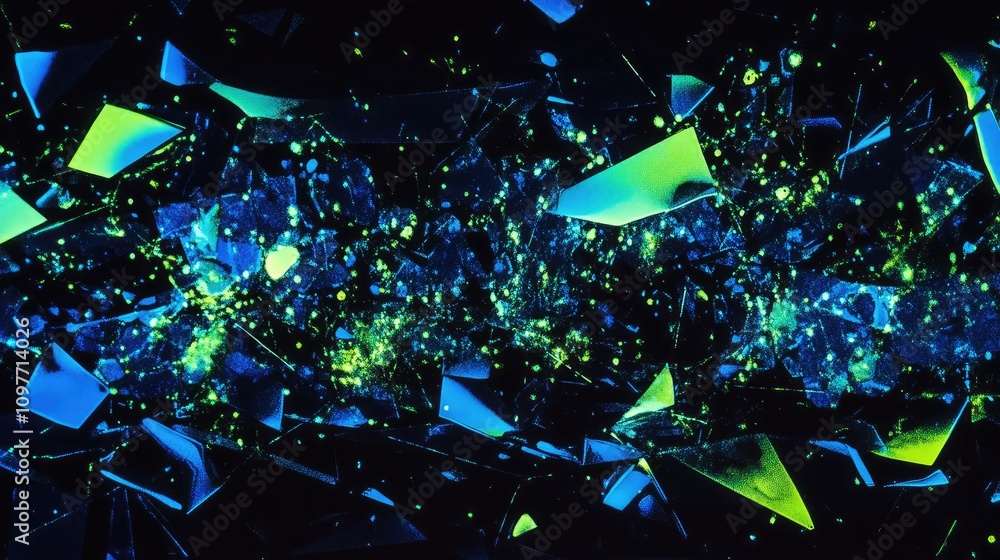 Poster shards of fragmented data, glowing with neon blue and green light, set against a dark background wit