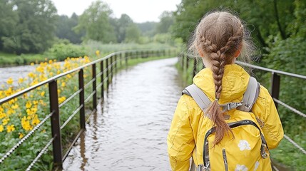 Girl in Yellow Raincoat Walks Flooded Path