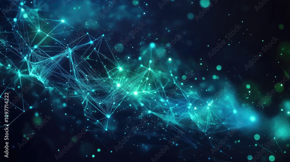 Poster shards of fragmented data, glowing with neon blue and green light, set against a dark background wit