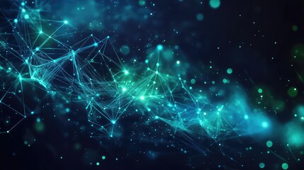 Fototapeta premium Shards of fragmented data, glowing with neon blue and green light, set against a dark background with abstract patterns