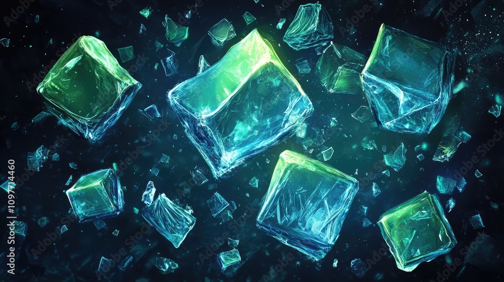 Poster shards of fragmented data, glowing with neon blue and green light, set against a dark background wit