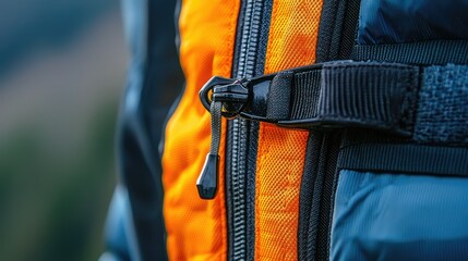 Close-up of a Zipper on a Colorful Outdoor Jacket, Showcasing the Intricate Details of Fabric and Fastening Design for Adventure and Outdoor Enthusiasts