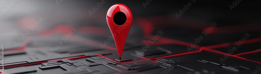 Poster a red location pin stands out on a dark, detailed map, symbolizing navigation and digital mapping te