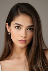 Obraz premium Beautiful Woman Portrait Long Brown Hair Skincare Makeup Beauty