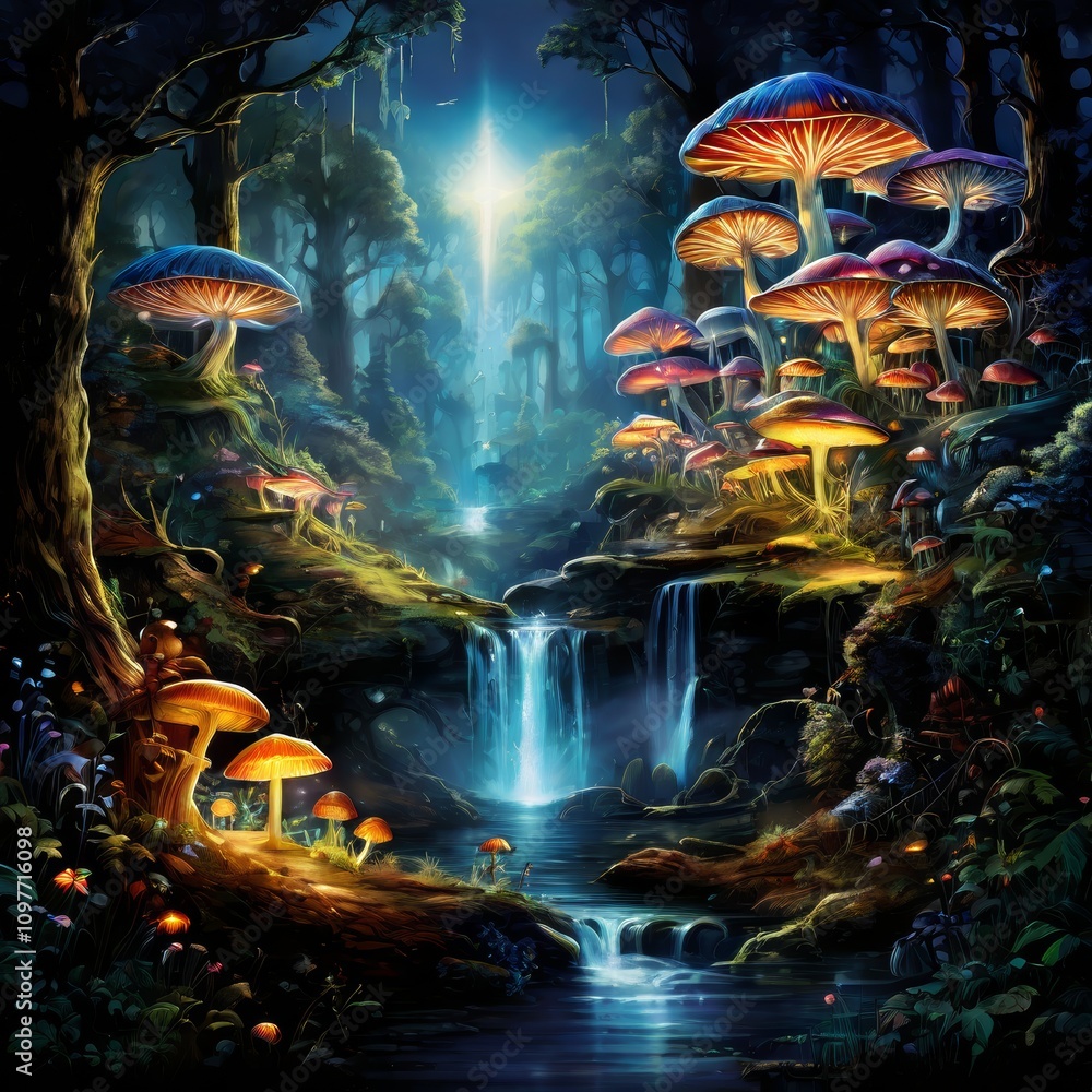 Poster enchanting scene of a mystical forest illuminated by glowing mushrooms, with a serene waterfall casc