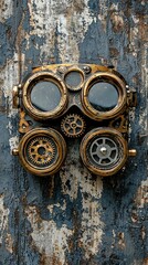Steampunk Goggles with Intricate Gears and Mechanisms Against a Weathered Blue Background, Perfect for Vintage, Retro, and Unique Design Themes