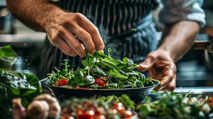 Close-up of a male chef adding greens to a dish, finishing the meal and decorating it in a culinary setting