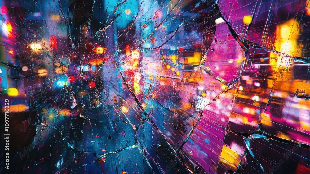 Poster shattered data shards reflecting neon lights, creating a dynamic and chaotic digital landscape