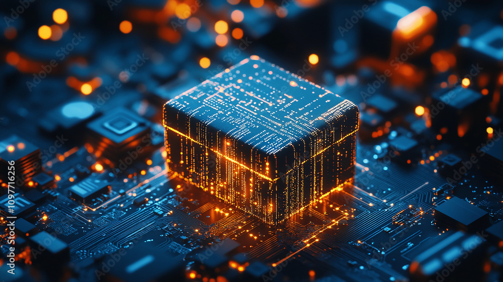 Aufkleber Digital cube surrounded by glowing circuitry and data streams in a futuristic technology landscape at night