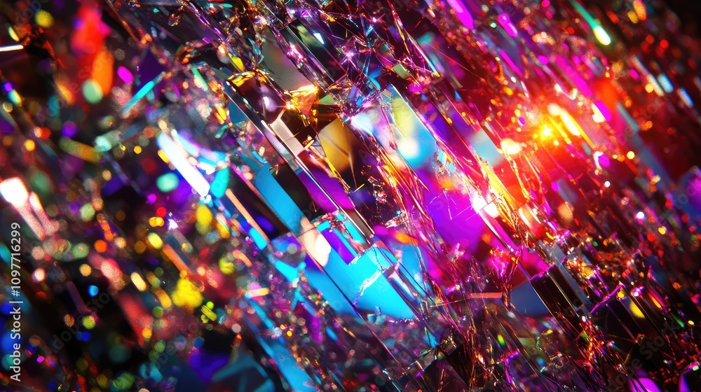 Poster shattered data shards reflecting neon lights, creating a dynamic and chaotic digital landscape