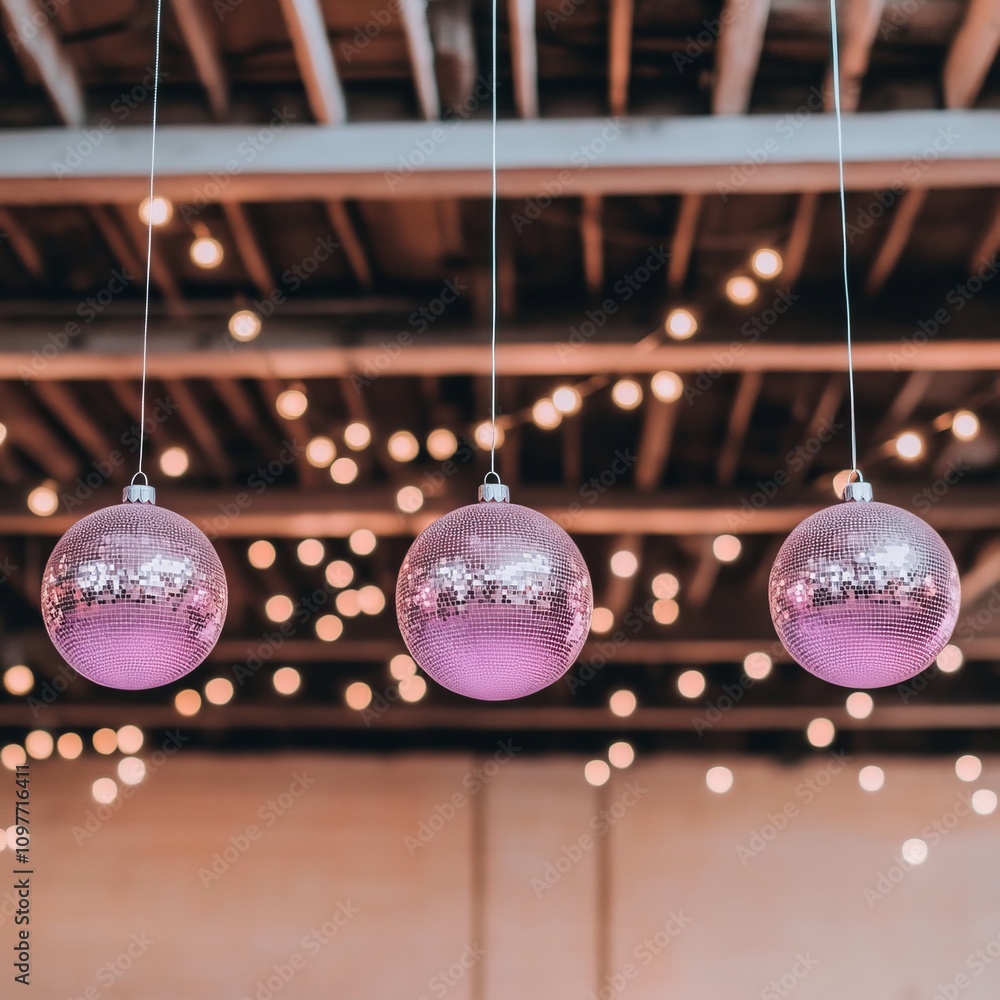 Poster three sparkly pink ornaments hang from a rustic ceiling with warm string lights.