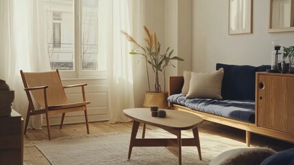 A calming Scandinavian living room with off-white walls, warm wood furniture, and subtle touches of navy and charcoal in the textiles