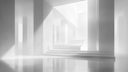 Fototapeta premium Minimalist interior with columns and stairs in soft light