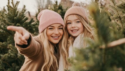 Happy Mother and Child Smiling and Pointing to Their Christmas Tree Farm