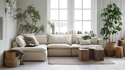 Fototapeta premium A cozy Scandinavian living room featuring a beige sofa, white walls, and wooden accents, bathed in soft natural light, with minimalist decor and green plants