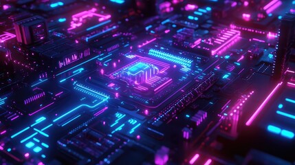 Fototapeta premium Sleek, interconnected data circuits with bright blue and purple lighting, set against a black background