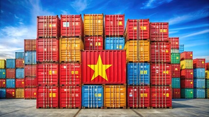Fototapeta premium National Flag of Vietnam on Stacked Metal Containers - Import Export Storage Concept, Logistics, Freight, Trade, Transportation, Global 