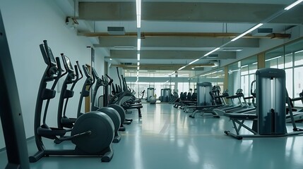 Fototapeta premium Large group of exercise machines in an empty gym panning shot