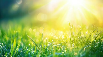 Obraz premium Beautiful Close-Up of Dewy Grass Blades Glimmering in Morning Sunlight with Soft Light Rays Creating a Peaceful and Serene Natural Environment