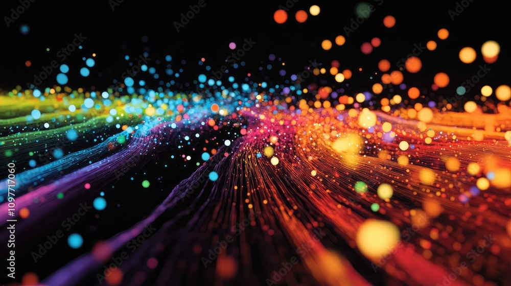Poster small, vibrant particles scattered in dense streams, simulating fast-moving data on a deep, dark fie