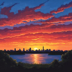 Naklejka premium Vibrant sunset over city skyline reflected in calm water. (1)