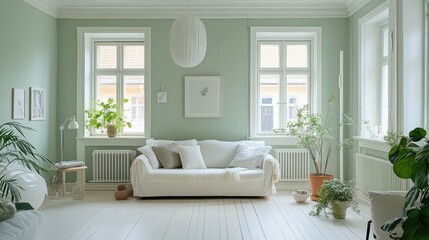 Fototapeta premium A Scandinavian living room with pale mint walls, white furniture, and a light oak floor, complemented by simple decor and potted plants