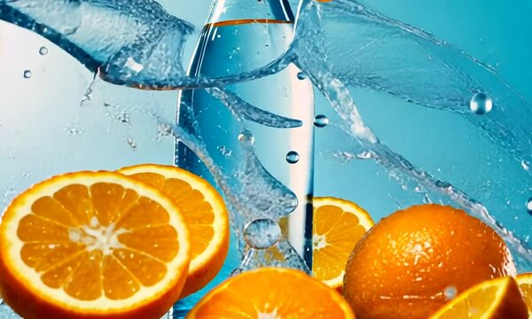 Refreshing water splash with oranges.