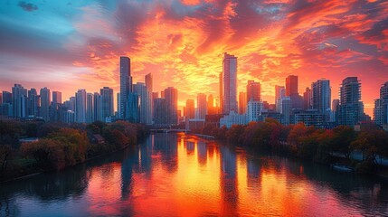 Fototapeta premium Fiery sunrise cityscape reflected in calm river.