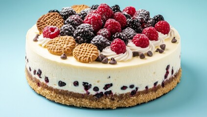 Large Round Cheesecake with Vanilla Cream, Berries, Cookies, Chocolate Chips, and Coffee Sprinkles on Beige Cookie Base, Isolated on Light Blue Background