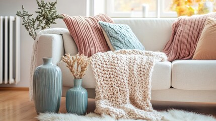 Bright Scandinavian-inspired living room showcasing soft pastels, a white sofa, and light wood floors, complemented by a cozy knit throw and ceramic vases
