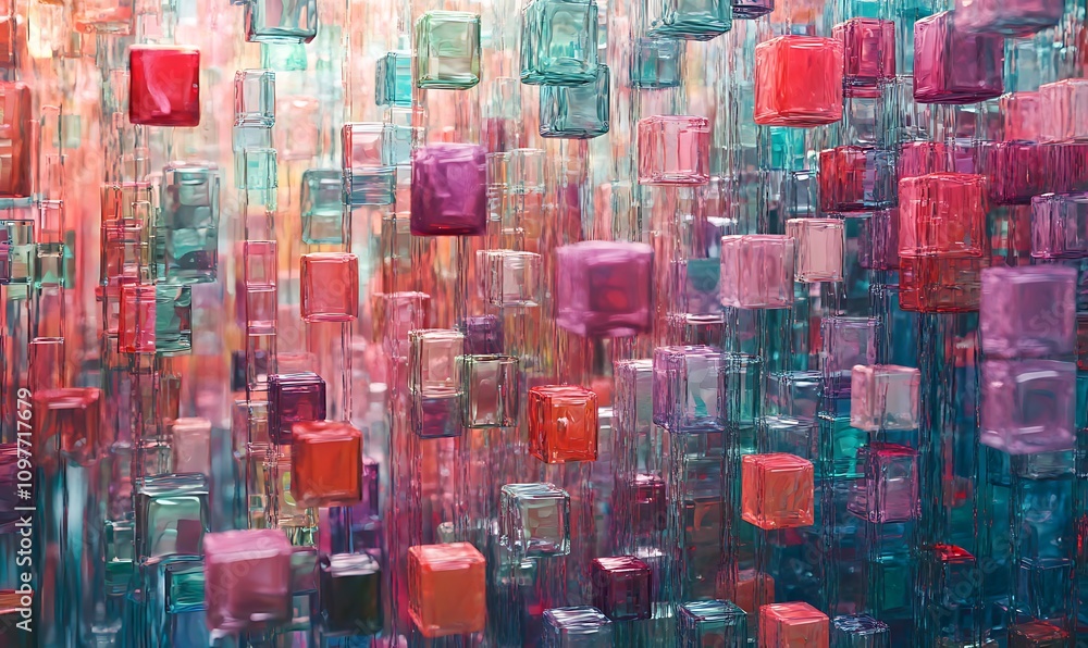 Poster a vibrant array of colorful, translucent cubes suspended in a dynamic composition.