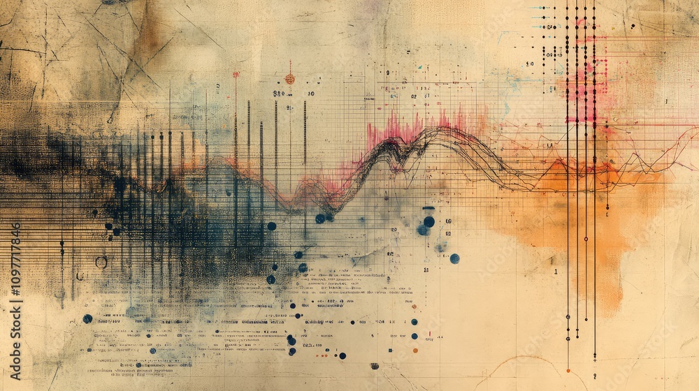 Poster soft data pulses and graphs over a worn vintage atlas page, creating a retro-futuristic design