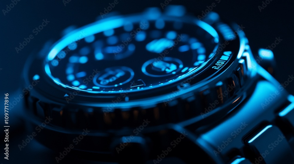 Poster close-up of a futuristic smartwatch with blue digital display.
