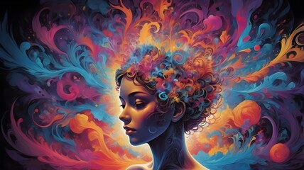 An abstract artwork depicting a woman's mind of a person with auditory hallucinations, surrounded by vivid, swirling colors, symbolizing creativity and imagination