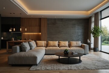 Interior of modern living room with comfortable sofa