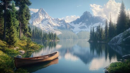 Obraz premium Tranquil Mountain Lake with Canoe and Snow-Capped Peaks