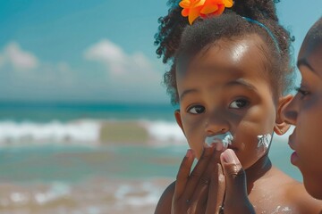 Mother applying sunscreen on daughter at beach.