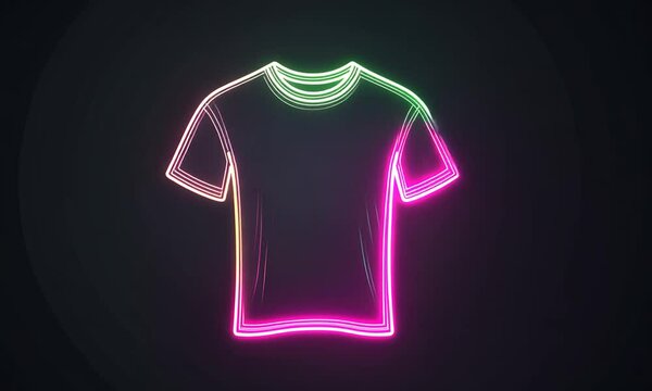 Neon glow outline of a t-shirt on black background.
