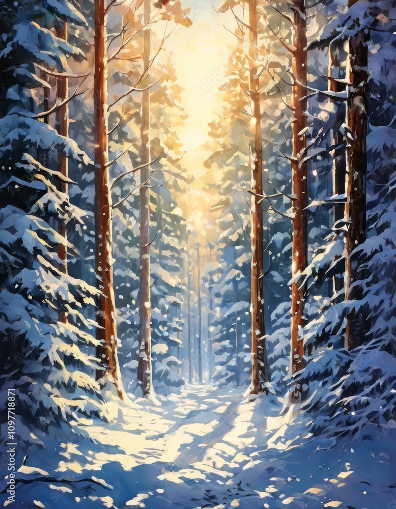 Poster a tranquil winter scene of a snow-covered path cutting through a dense forest of tall trees. sunligh