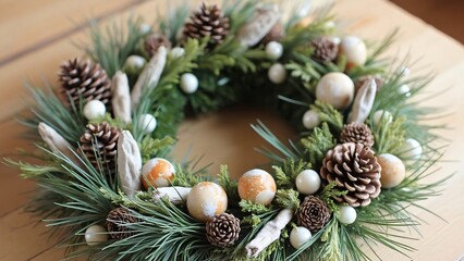 Fototapeta premium Eco-Friendly Lotus Seed Pod & Pine Cone Christmas Wreath