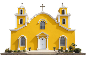 A yellow church with white trim, in the style of, isolated on a transparent background.