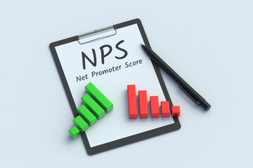 NPS word on clipboard near bar graphs and pen. Net promoter score. Business concept. 3d render