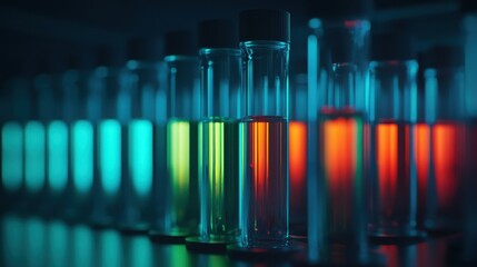 Dynamic chemical reactions in glowing test tubes laboratory science darkroom experimentation