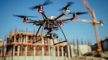 Fototapeta premium High-Tech Drone with Camera Hovering at Construction Site with Building and Crane in Background