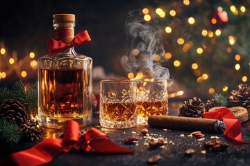 Christmas celebration with whiskey and cigar